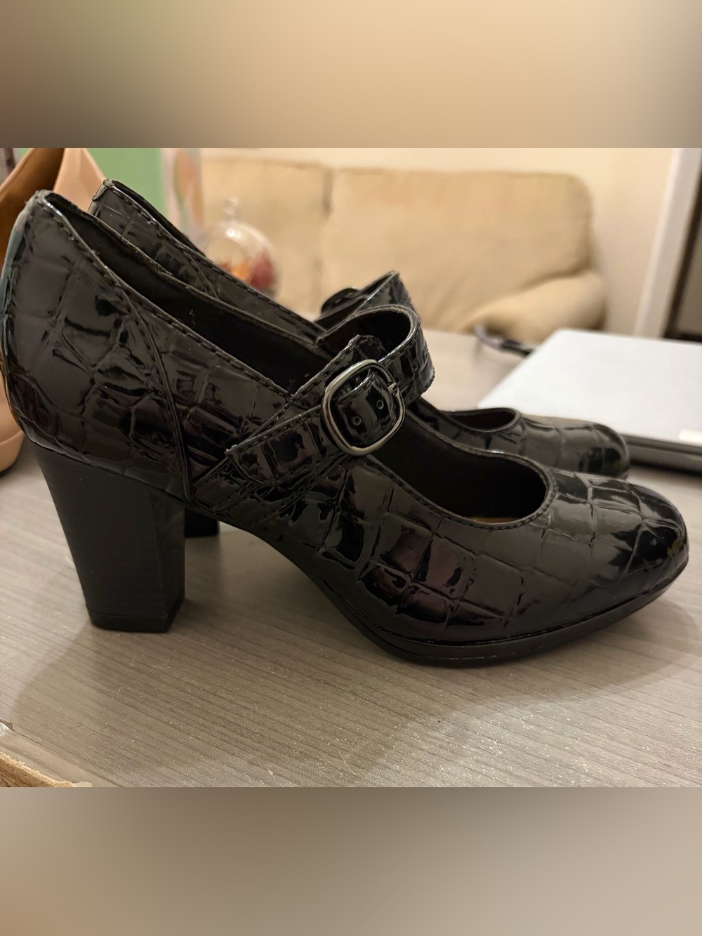 Clarks Black Patent Mary Jane Block Heels